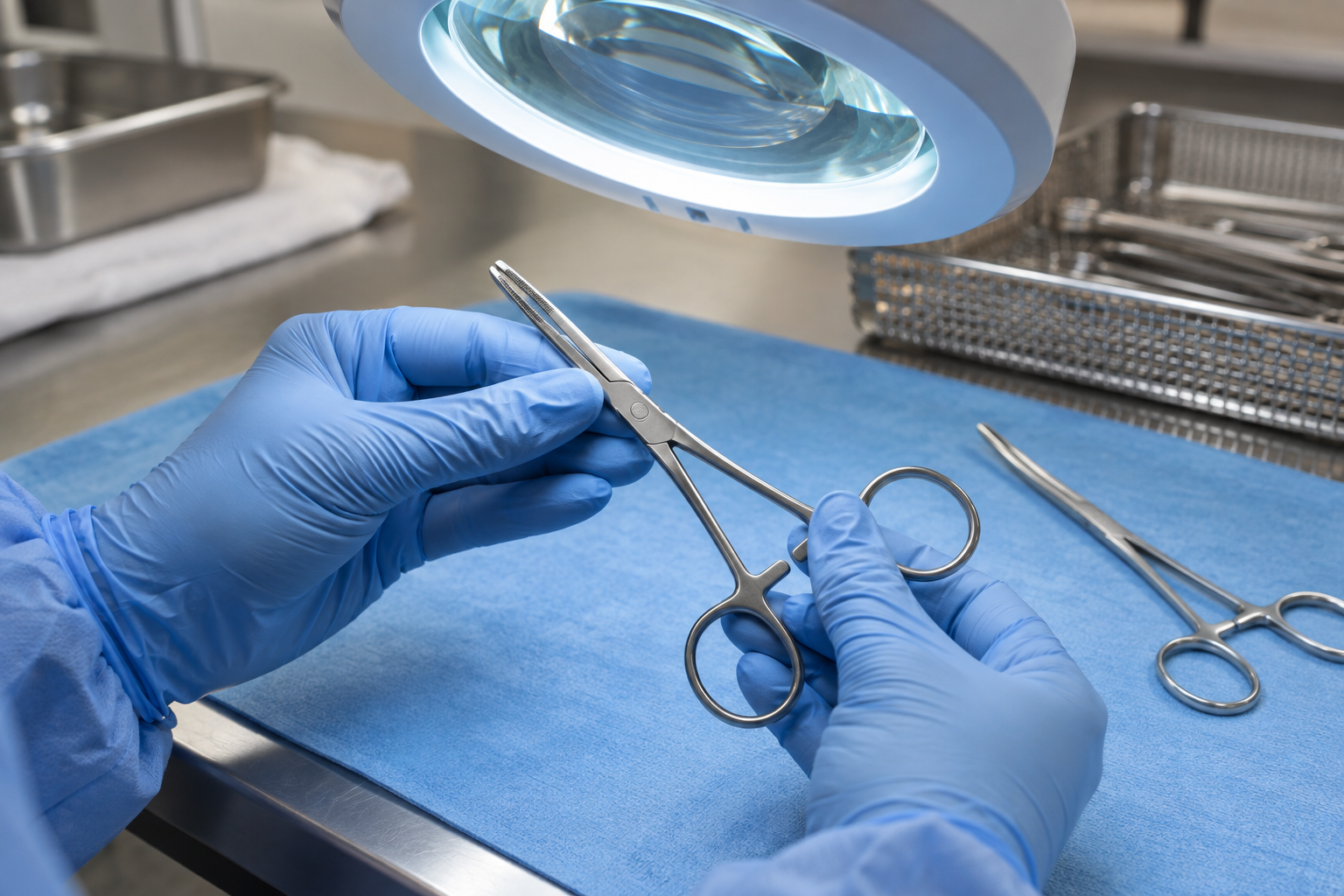 Gloved hands inspect a surgical clamp beneath a lighted bench magnifier