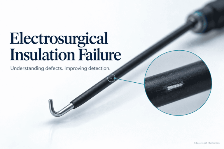 Laparoscopic L-hook electrode with a magnified callout showing a break in the black insulating coat on its shaft