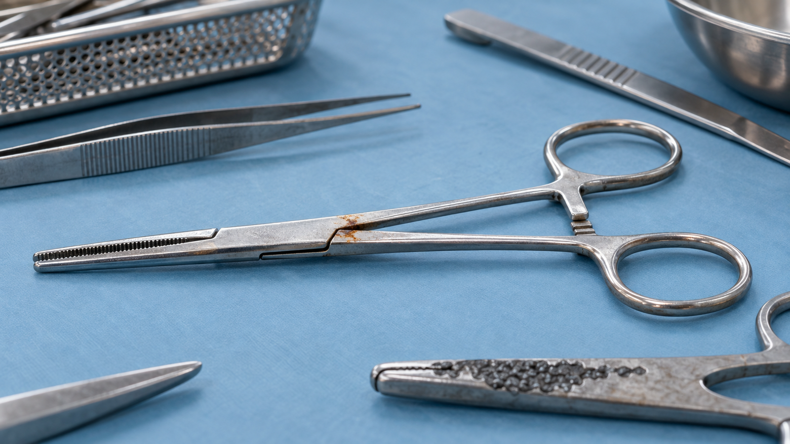 Stainless surgical instruments on a blue drape, one haemostat showing brown marking along the jaws and another instrument showing dark pitting