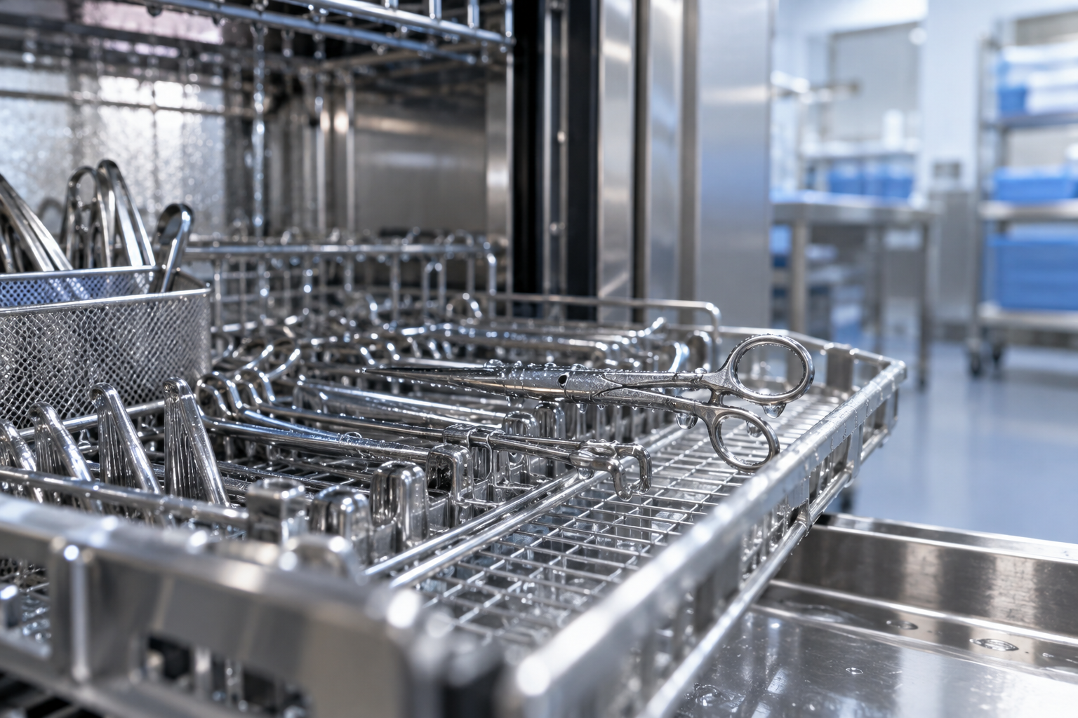 Wet surgical instruments in a washer-disinfector rack after rinsing