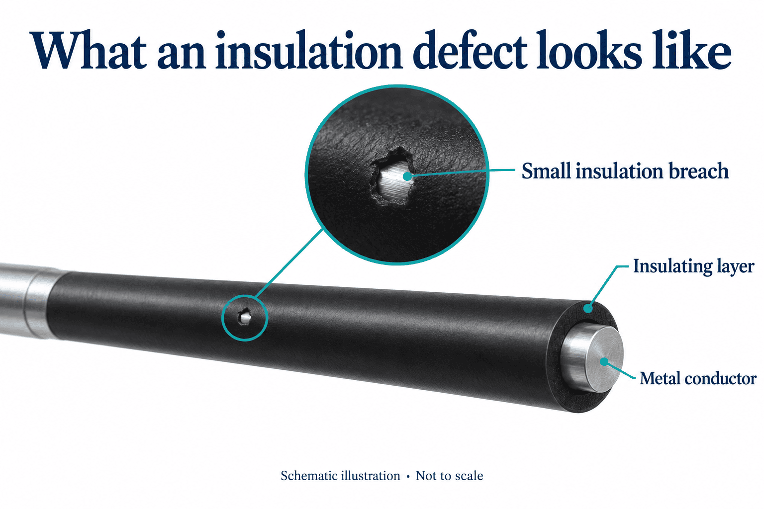 Labelled schematic of an insulated electrosurgical shaft showing the metal conductor, the insulating layer and a magnified small insulation breach