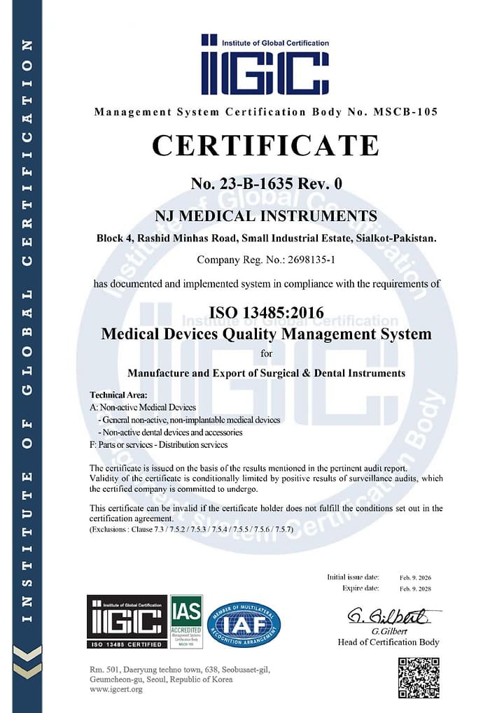 Thumbnail of the ISO 13485:2016 certificate no. 23-B-1635 Rev. 0 issued by Institute of Global Certification to NJ Medical Instruments