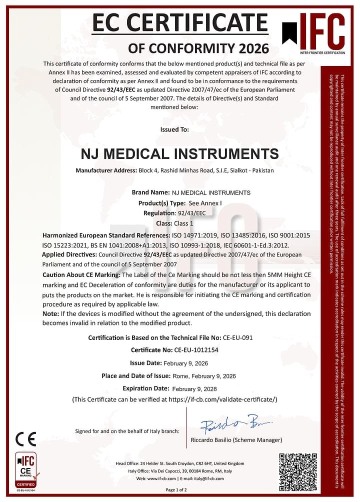 Thumbnail of EC certificate of conformity CE-EU-1012154 issued by Inter Frontier Certification to NJ Medical Instruments, citing a council directive