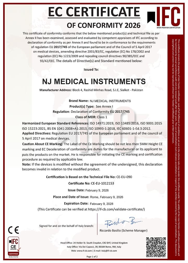 Thumbnail of EC certificate of conformity CE-EU-1012153 issued by Inter Frontier Certification to NJ Medical Instruments, referencing Regulation (EU) 2017/745