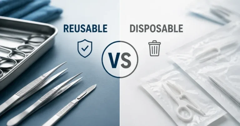 Reusable stainless steel surgical instruments beside sealed single-use disposable instruments
