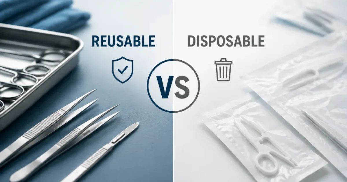 Reusable stainless steel surgical instruments beside sealed single-use disposable instruments