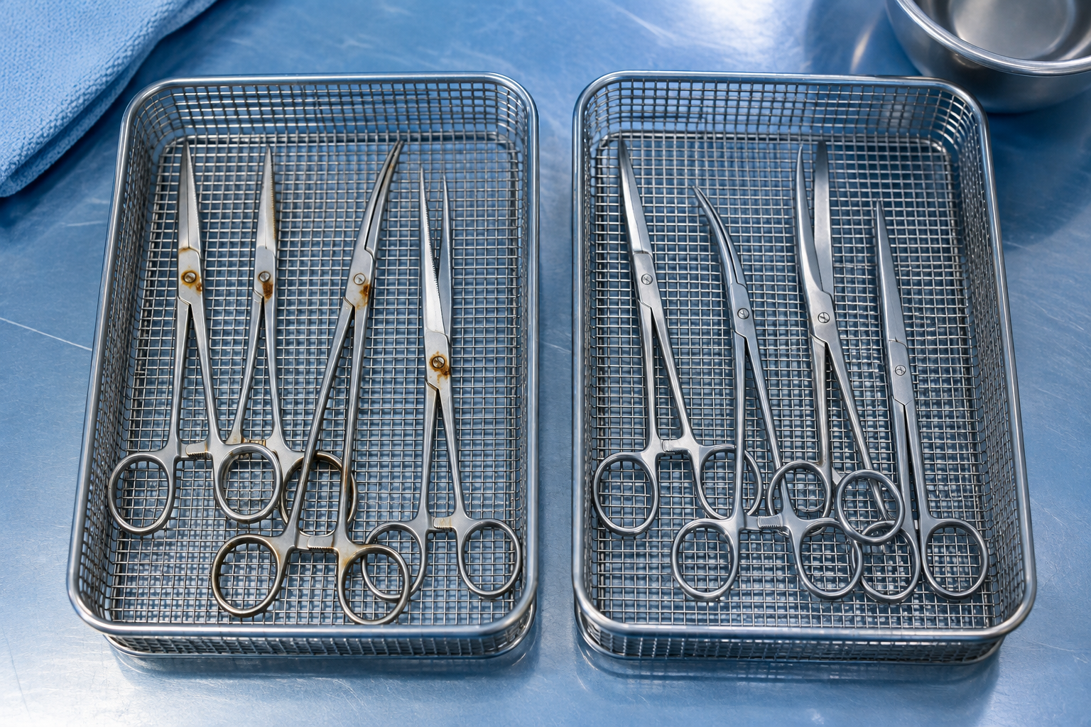 Two instrument baskets side by side, with brown marks on several tools in one basket while the other basket is clean