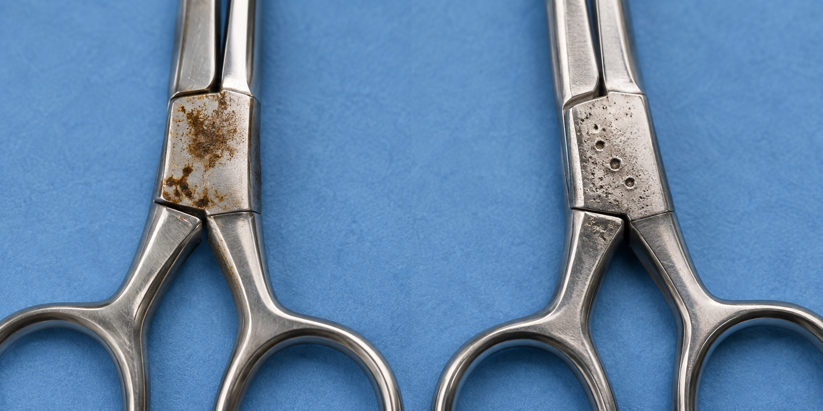 Two surgical scissors compared: brown surface deposit on one, small pits in the metal of the other near the ring junction