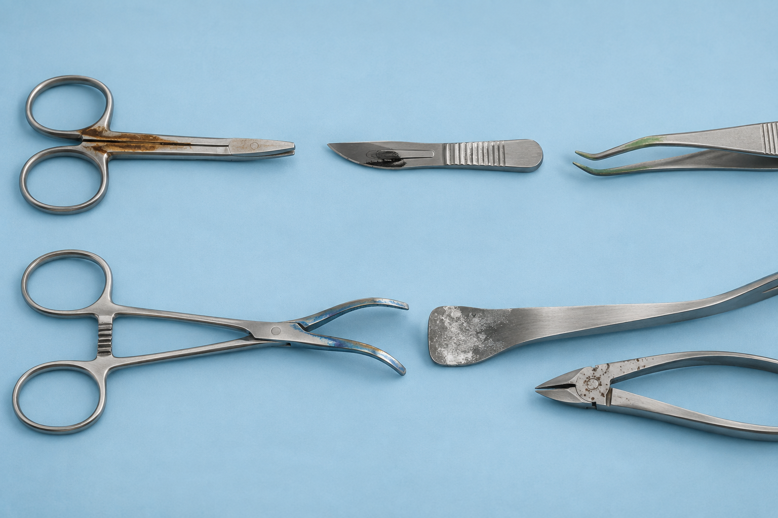 Assorted stainless surgical instruments with different brown, dark, green, blue and pale surface marks