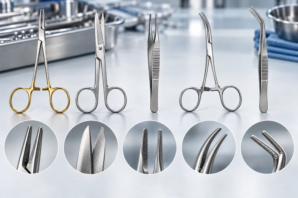 Five surgical instrument patterns compared side by side with close-up insets of their jaws, including a gold-handled needle holder