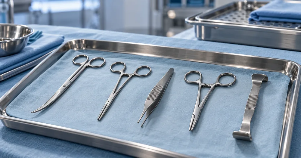 Curved scissors, artery forceps, dissecting forceps and a retractor arranged in a stainless steel instrument tray