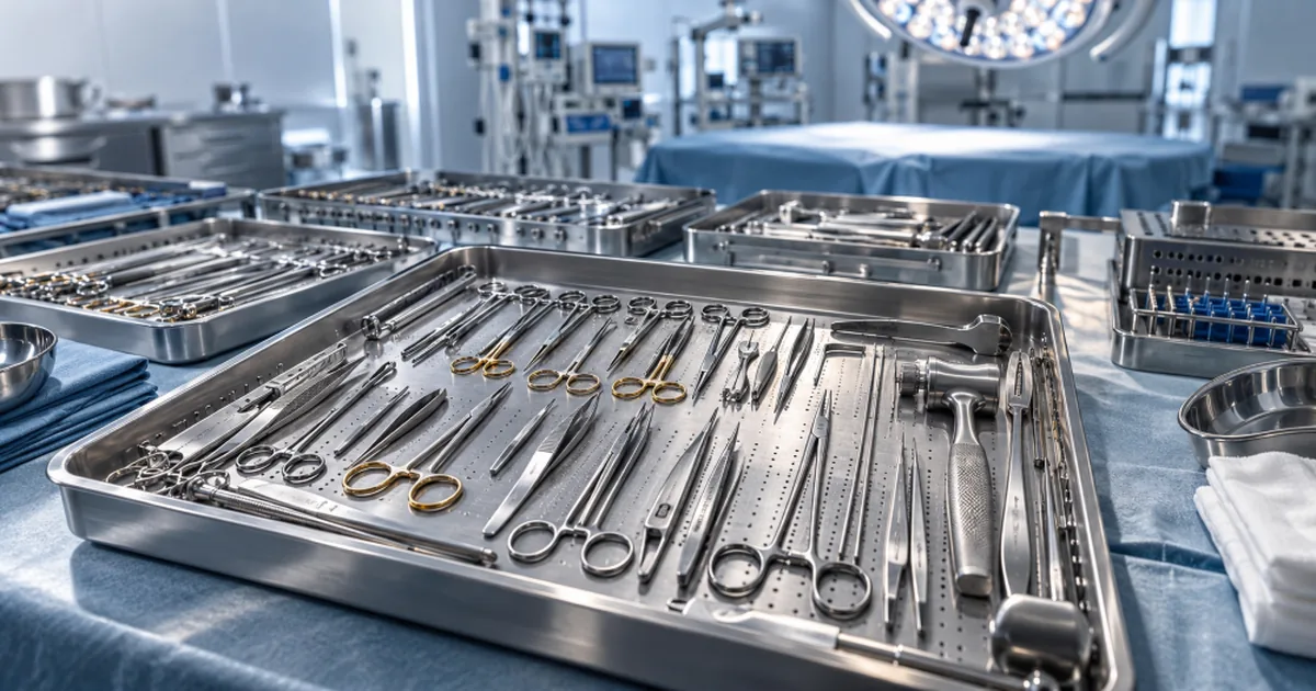 Stainless steel surgical instrument trays laid out on blue drapes in an operating theatre