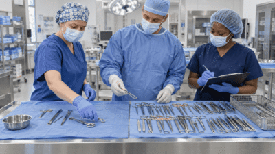 Surgical team auditing instrument usage to determine which items an operating tray actually needs