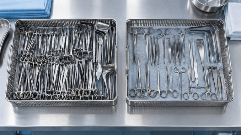 Overfilled surgical instrument tray compared with a streamlined optimized tray containing fewer essential instruments