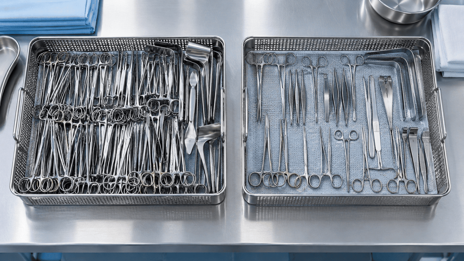 Overfilled surgical instrument tray compared with a streamlined optimized tray containing fewer essential instruments