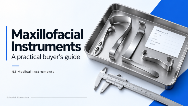 Editorial illustration of retractors and a specification card for a maxillofacial instrument buying guide.