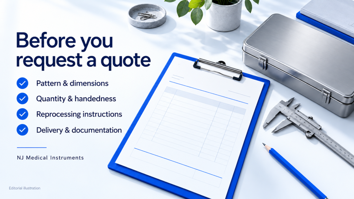 Instrument quotation checklist covering dimensions, quantities, reprocessing instructions and delivery documentation.