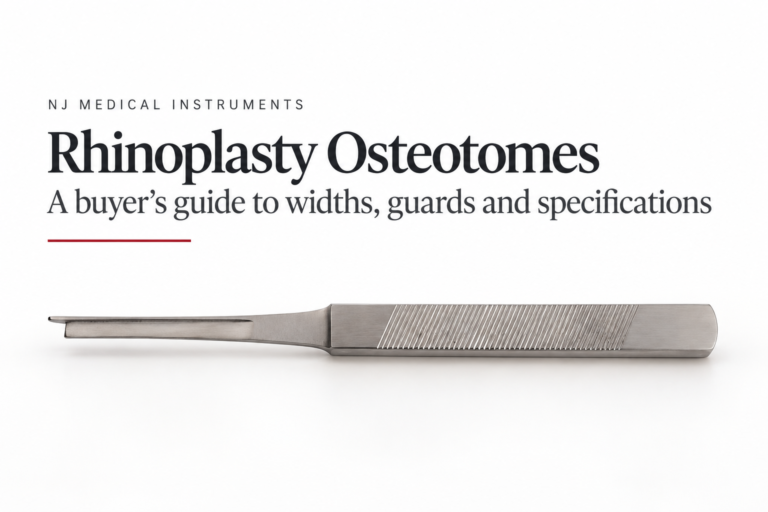 Straight nasal osteotome with a knurled handle, titled Rhinoplasty Osteotomes: a buyer’s guide to widths, guards and specifications
