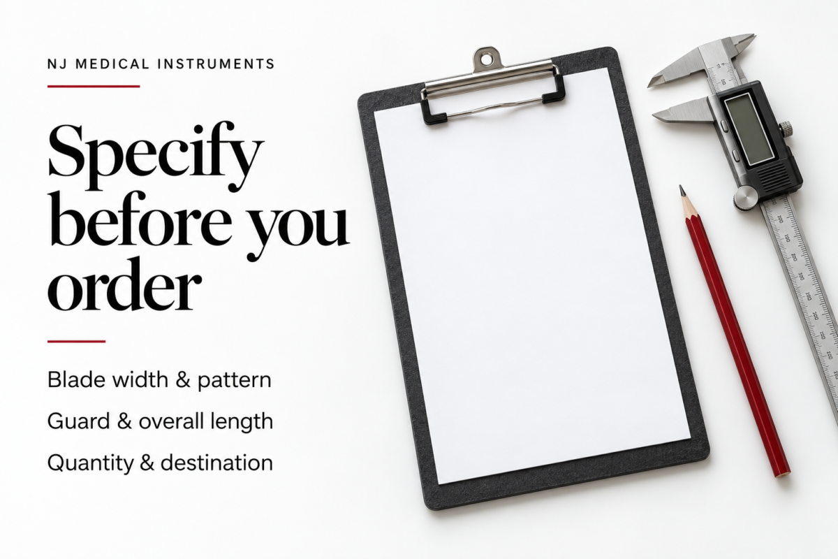 Specification checklist for ordering rhinoplasty osteotomes — blade width and pattern, guard and overall length, quantity and destination — shown with a clipboard, digital caliper, steel rule and pencil
