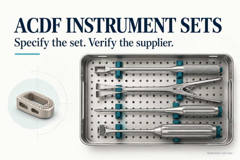 Illustrative ACDF instrument tray and cervical cage for a guide to specifying sets and verifying suppliers.