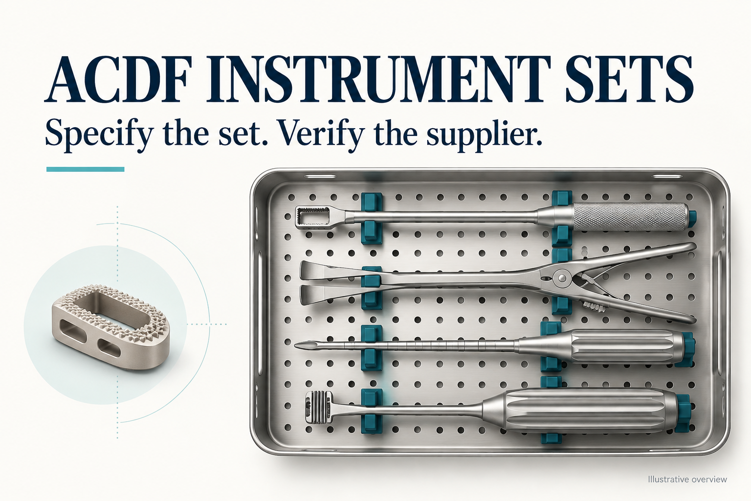 Illustrative ACDF instrument tray and cervical cage for a guide to specifying sets and verifying suppliers.
